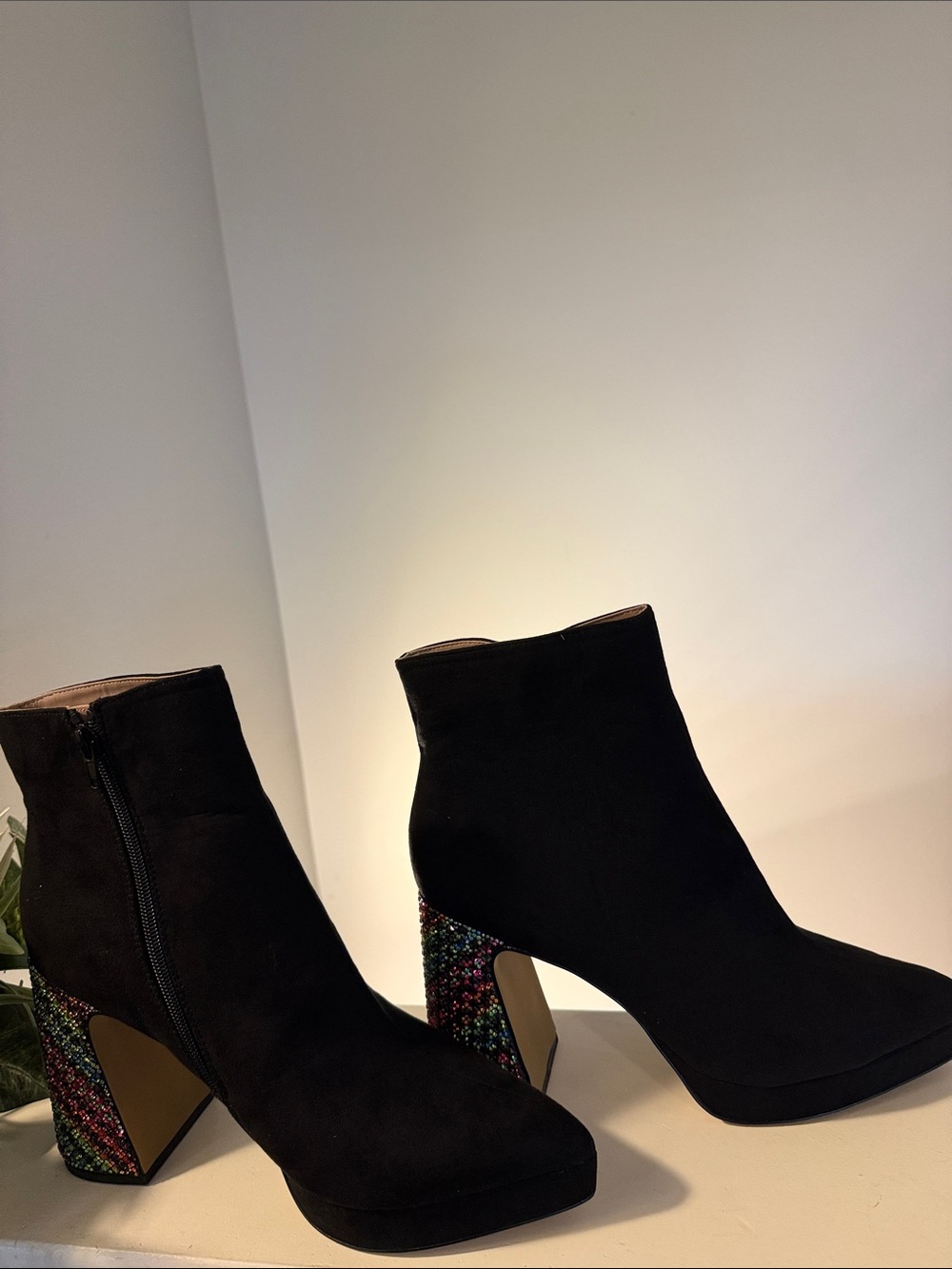 Betsey Johnson Black Suede Ankle Boots with Multicolor Glitter Block Heel